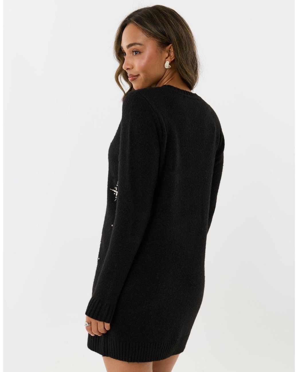 Threadbare Black Petite Star Embellished Knitted Mini Dress