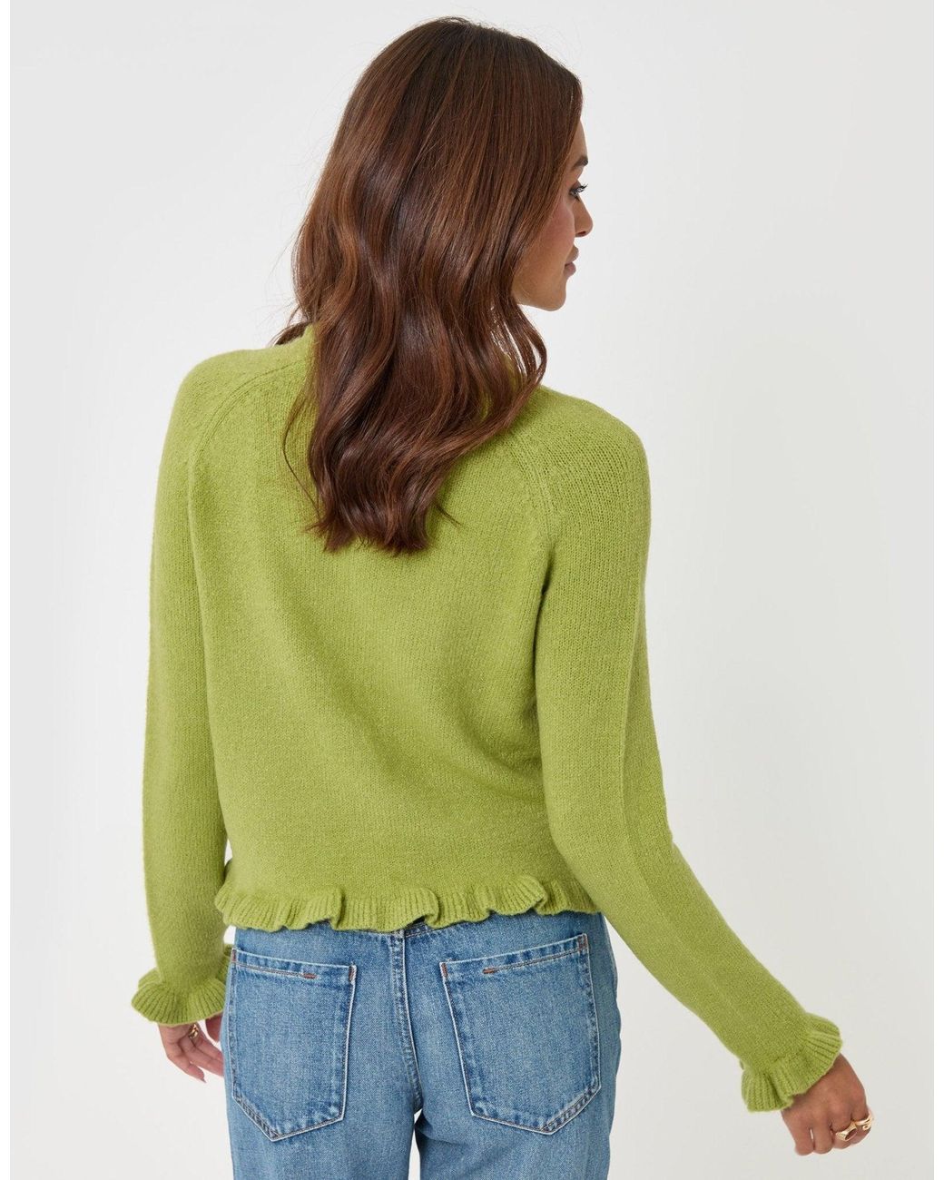 Threadbare Green Crew Neck Ruffle Cardigan