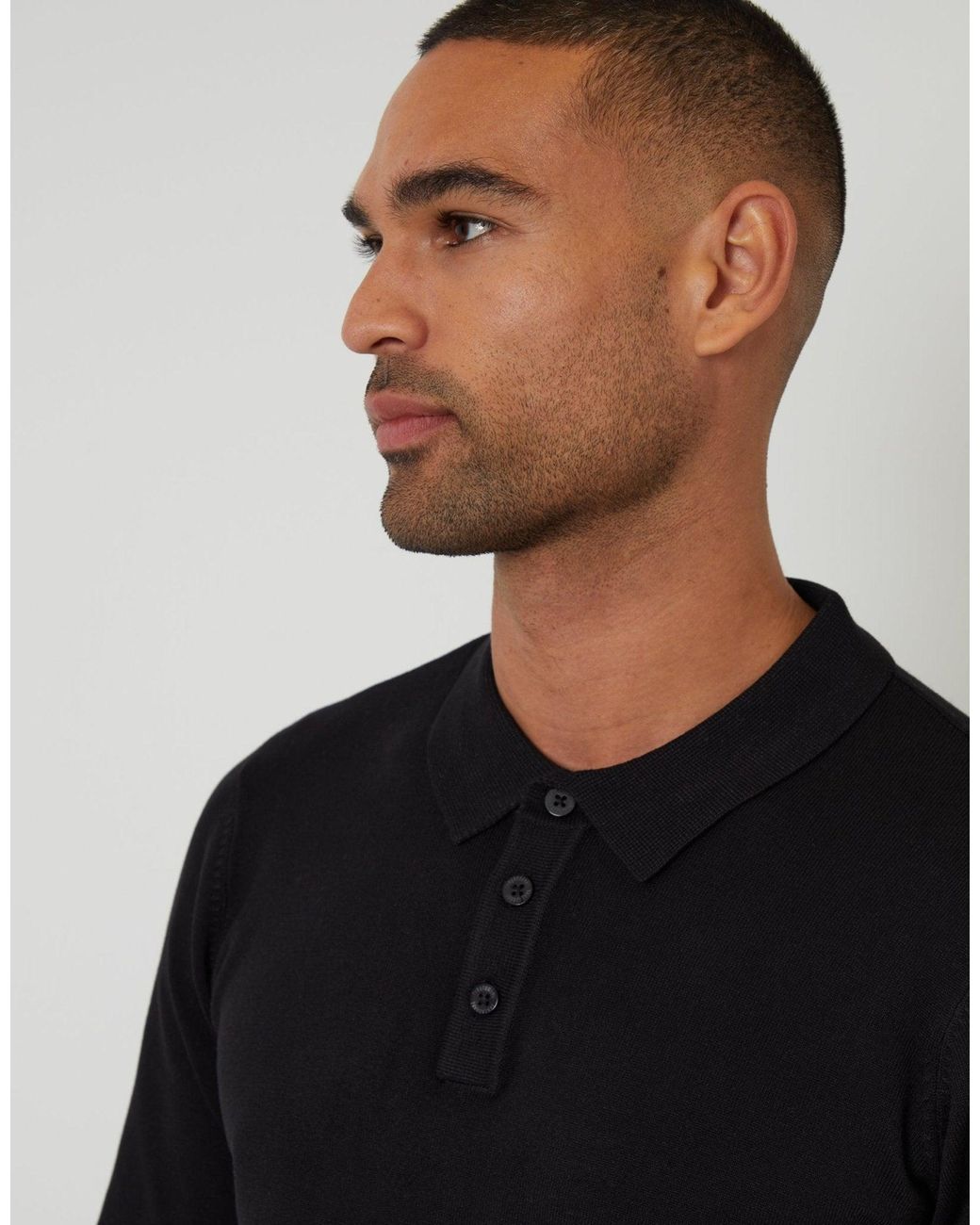Threadbare Black Knitted Long Sleeve Polo Jumper for men