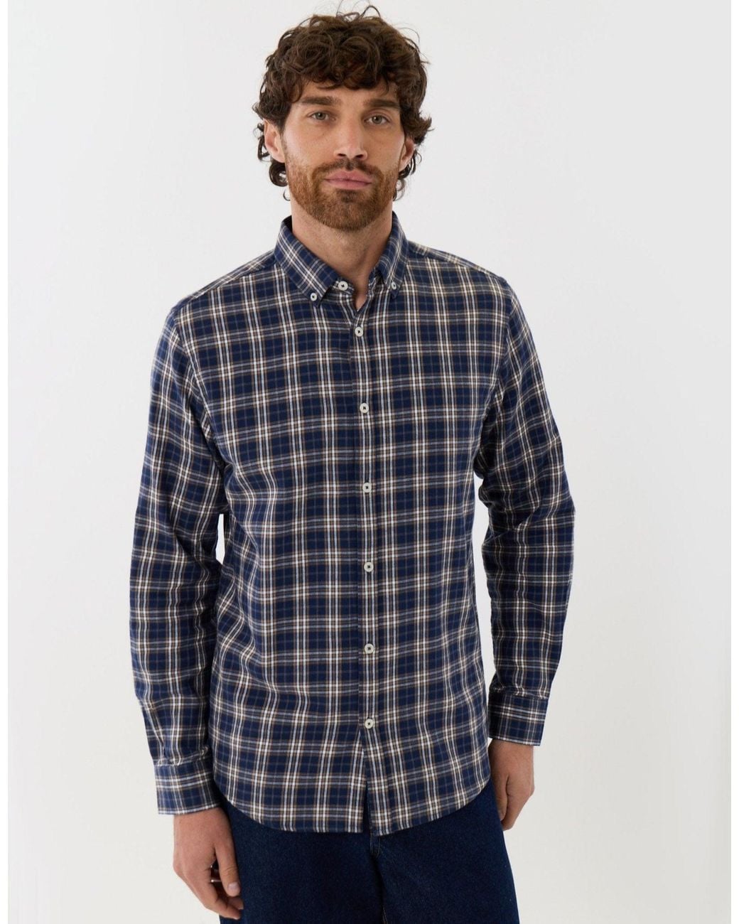 Threadbare Blue Brushed Flannel Long Sleeve Shirt for men