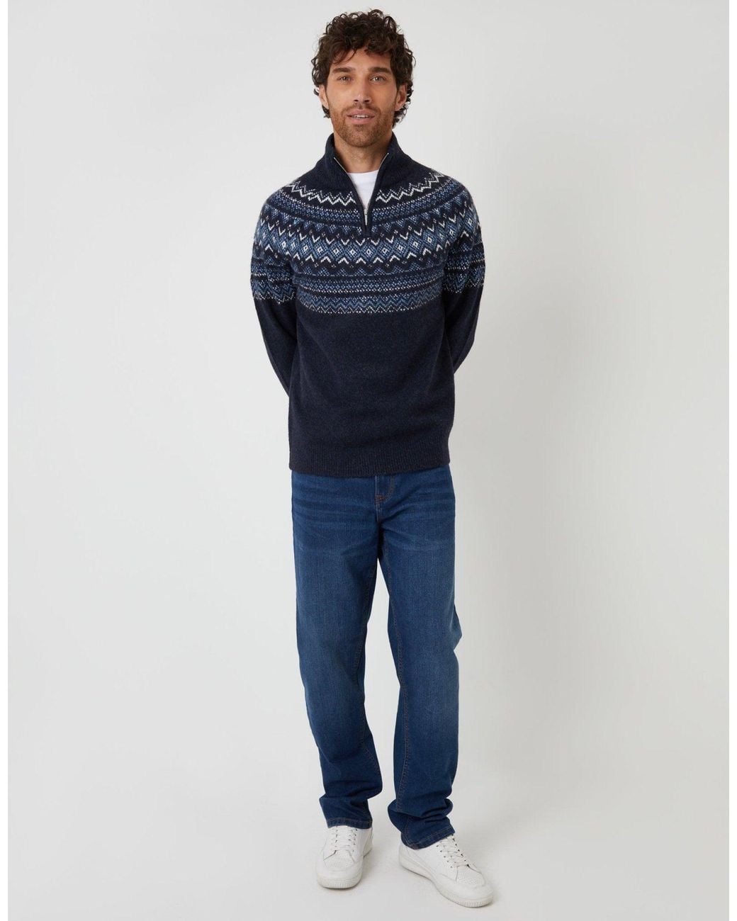 Threadbare Blue Fairisle Quarter Zip Knitted Jumper for men