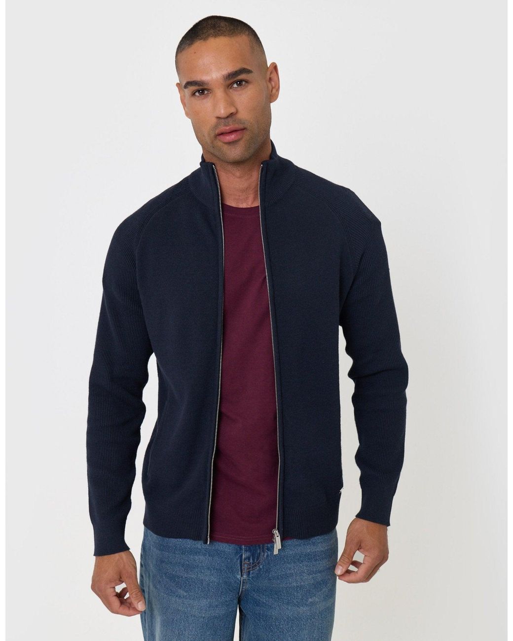 Threadbare Blue Knitted Zip Up Funnel Neck Cardigan for men
