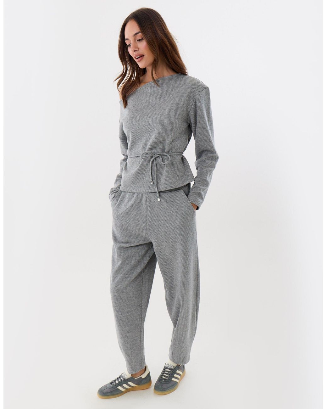 Threadbare Gray Ribbed Slash Neck Top & Wide Leg Trousers Co-Ord