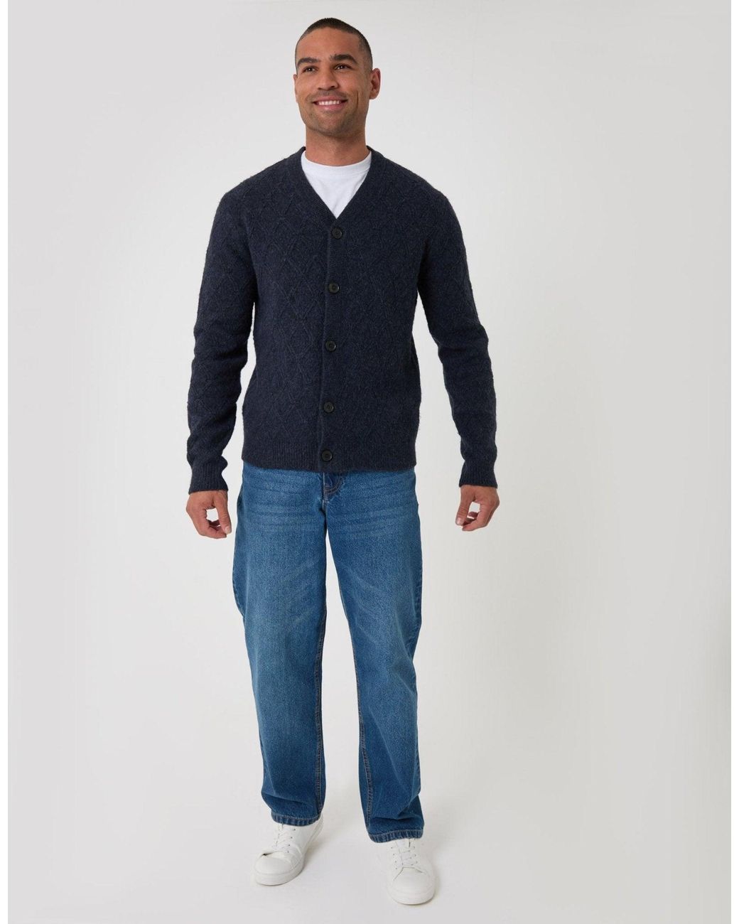 Threadbare Blue Diamond Cable Knit V Neck Cardigan for men