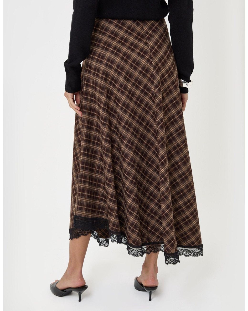 Threadbare Brown Asymmetric Lace Trim Midaxi Skirt