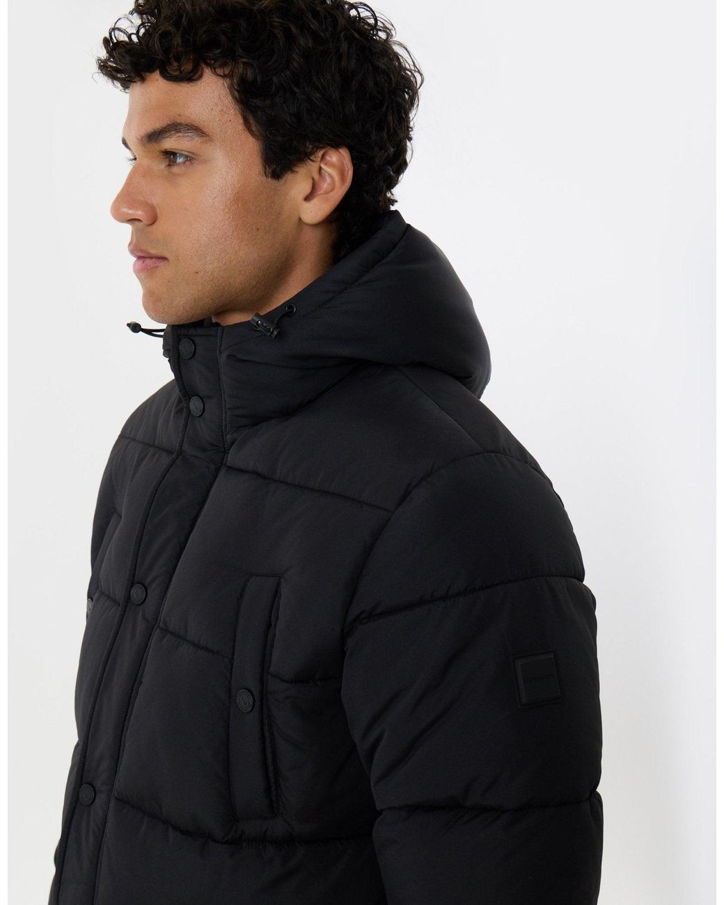Threadbare Blue Longline Showerproof Puffer Coat With Fleece-Lined Hood for men