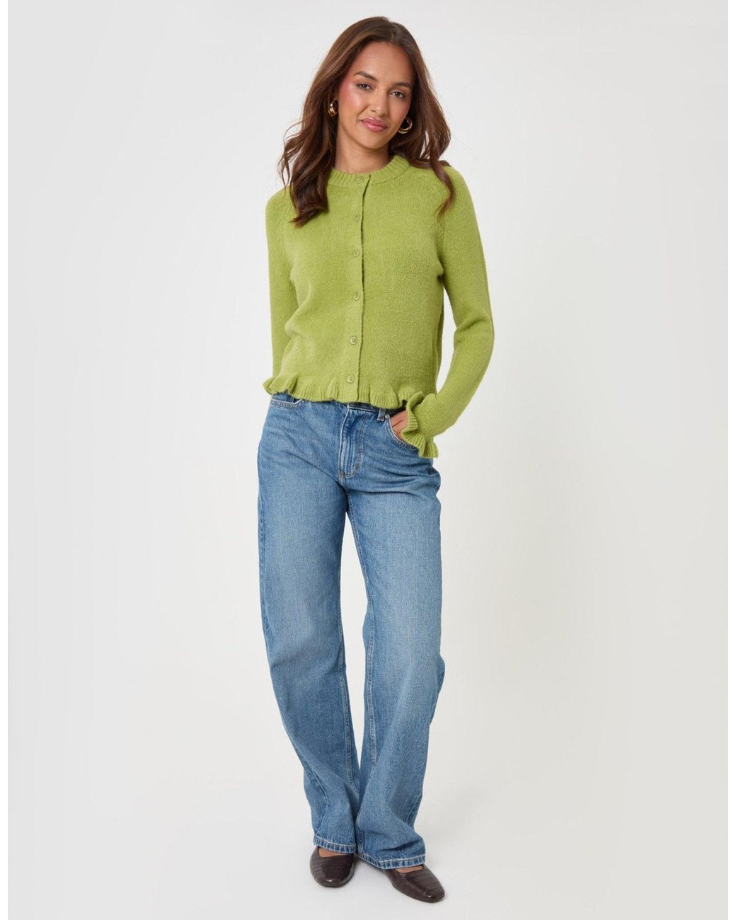 Threadbare Green Crew Neck Ruffle Cardigan