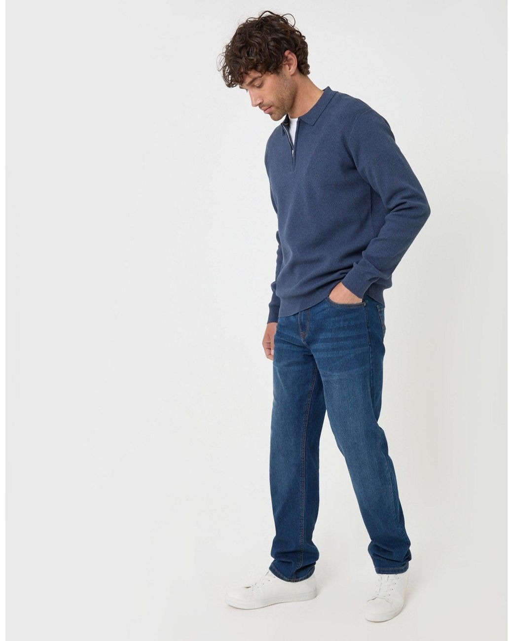 Threadbare Blue Cotton Rich Quarter Zip Long Sleeve Polo for men