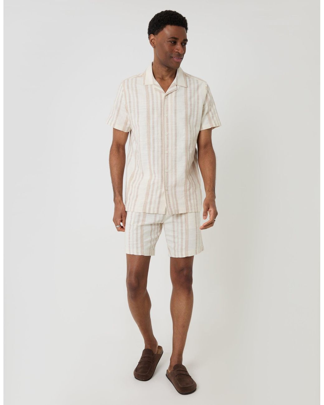 Threadbare Brown Chevron Stripe Textured Cotton Short Sleeve Shirt for men