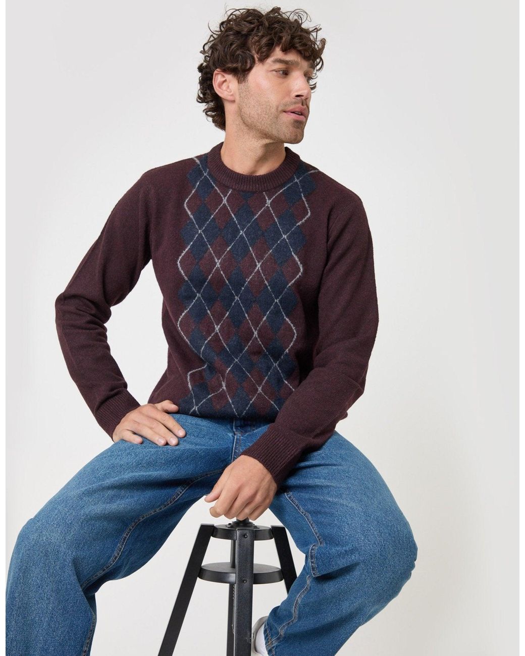 Threadbare Blue Argyle Crew Neck Jumper for men
