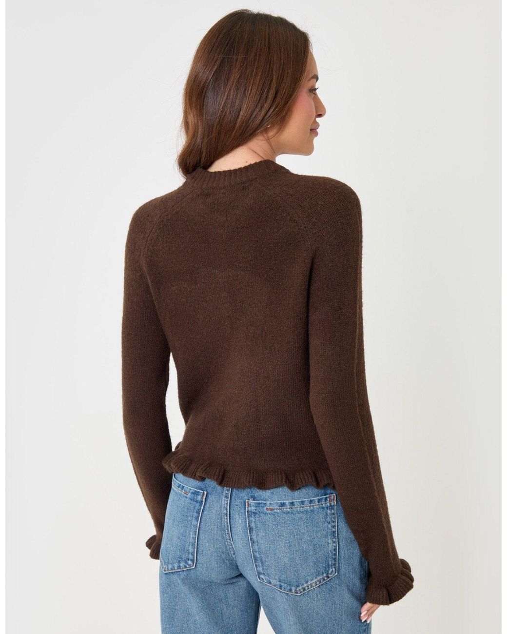 Threadbare Brown Crew Neck Ruffle Cardigan