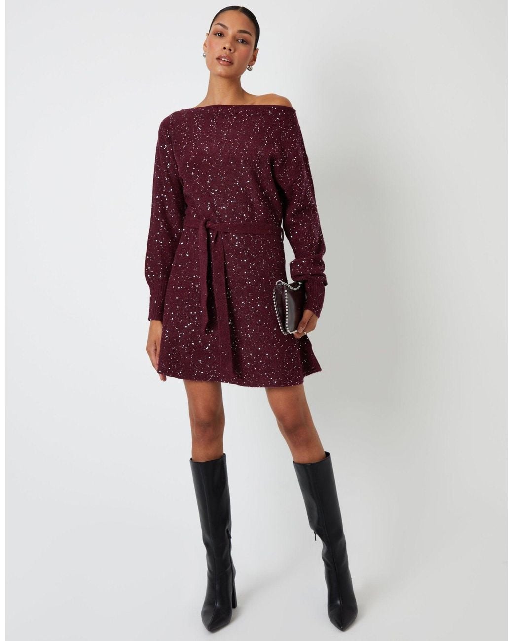 Threadbare Purple Knitted Sequin Slash Neck Mini Dress