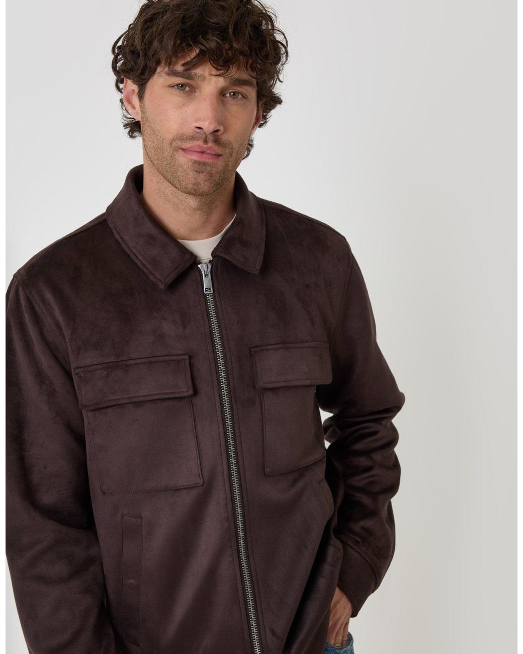 Threadbare Brown Faux Suede Collared Jacket for men