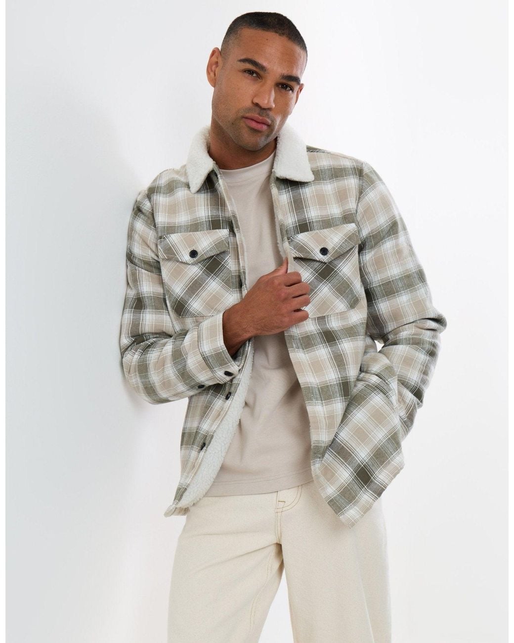 Threadbare Gray Cotton Flannel Shacket With Sherpa Collar & Lining for men