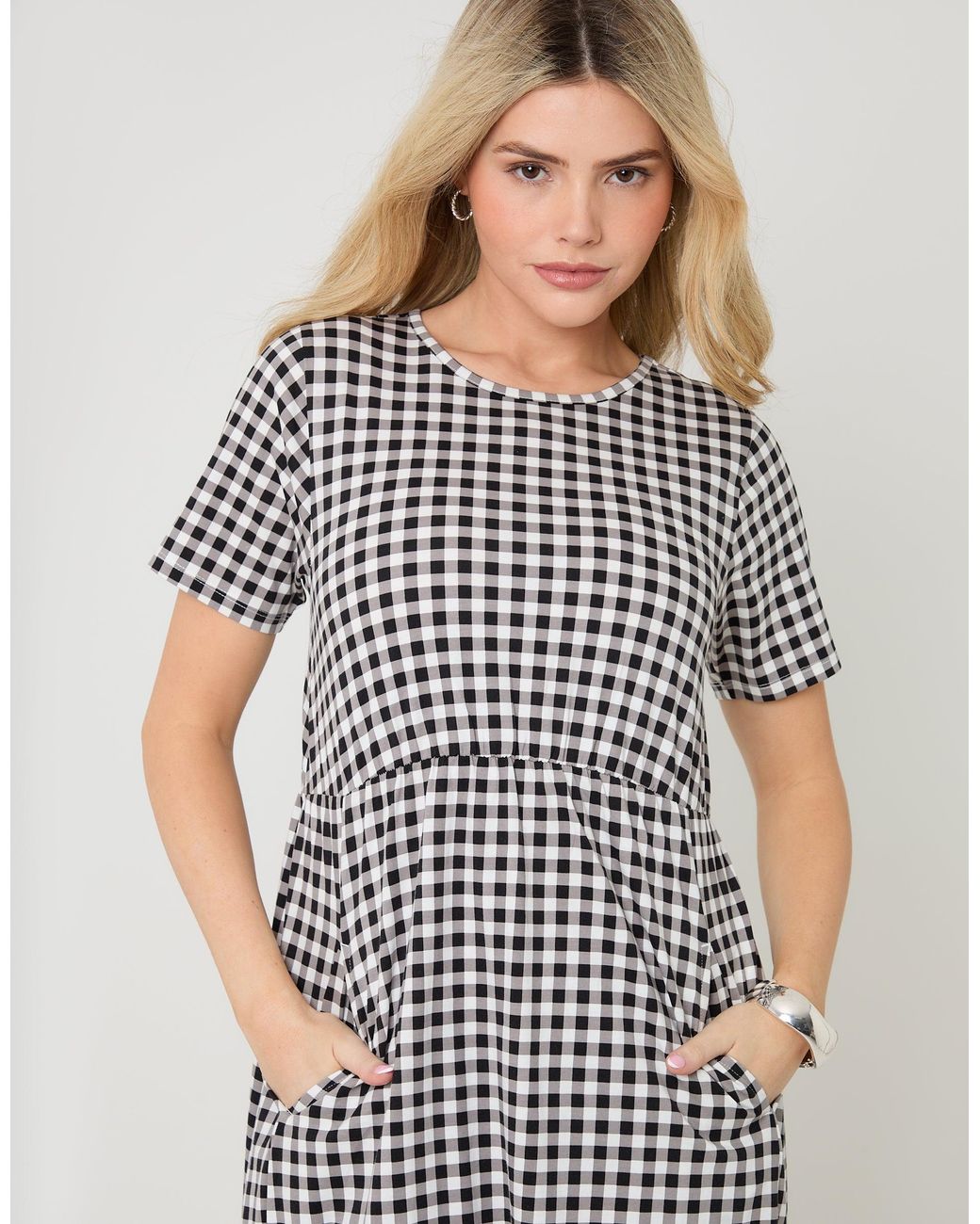 Threadbare White Gingham Jersey Midi Smock Dress With Pockets