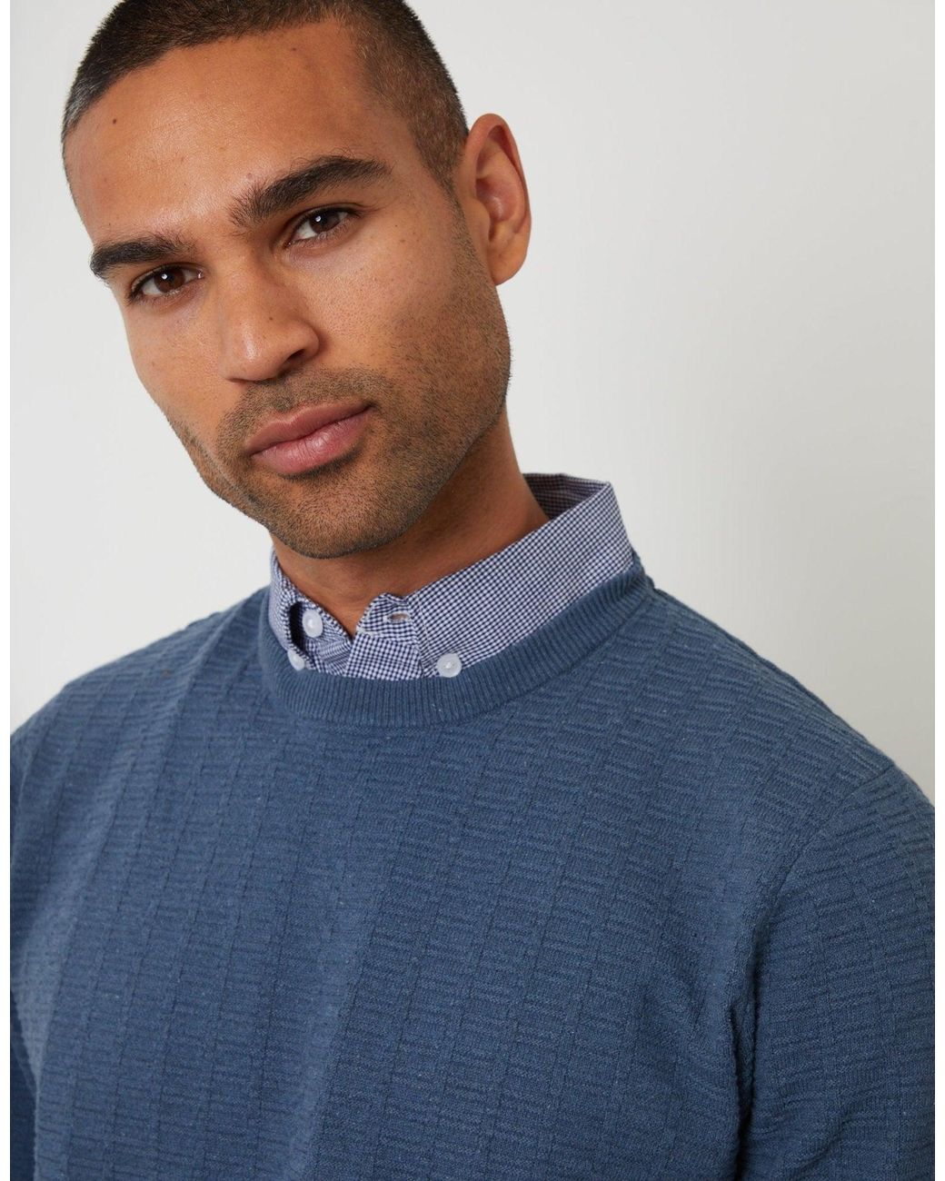 Threadbare Blue Mock Shirt Textured Knitted Jumper for men