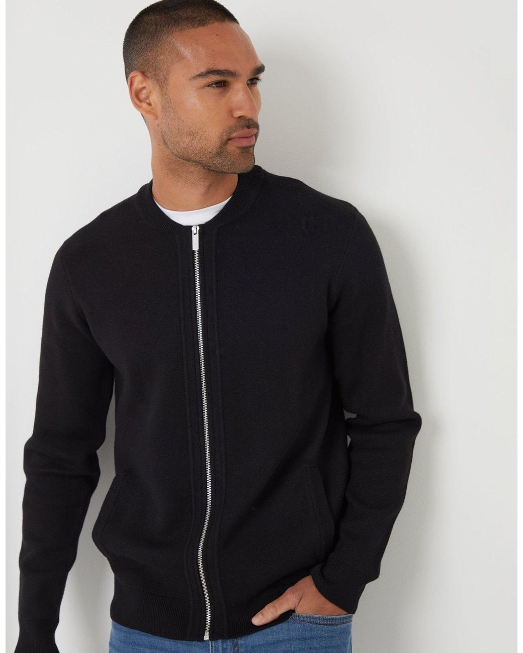 Threadbare Blue Bomber-Style Knitted Zip Through Cardigan for men