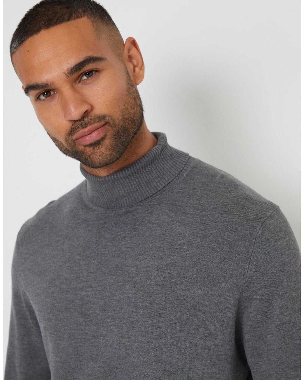 Threadbare Gray Knitted Roll Neck Jumper for men