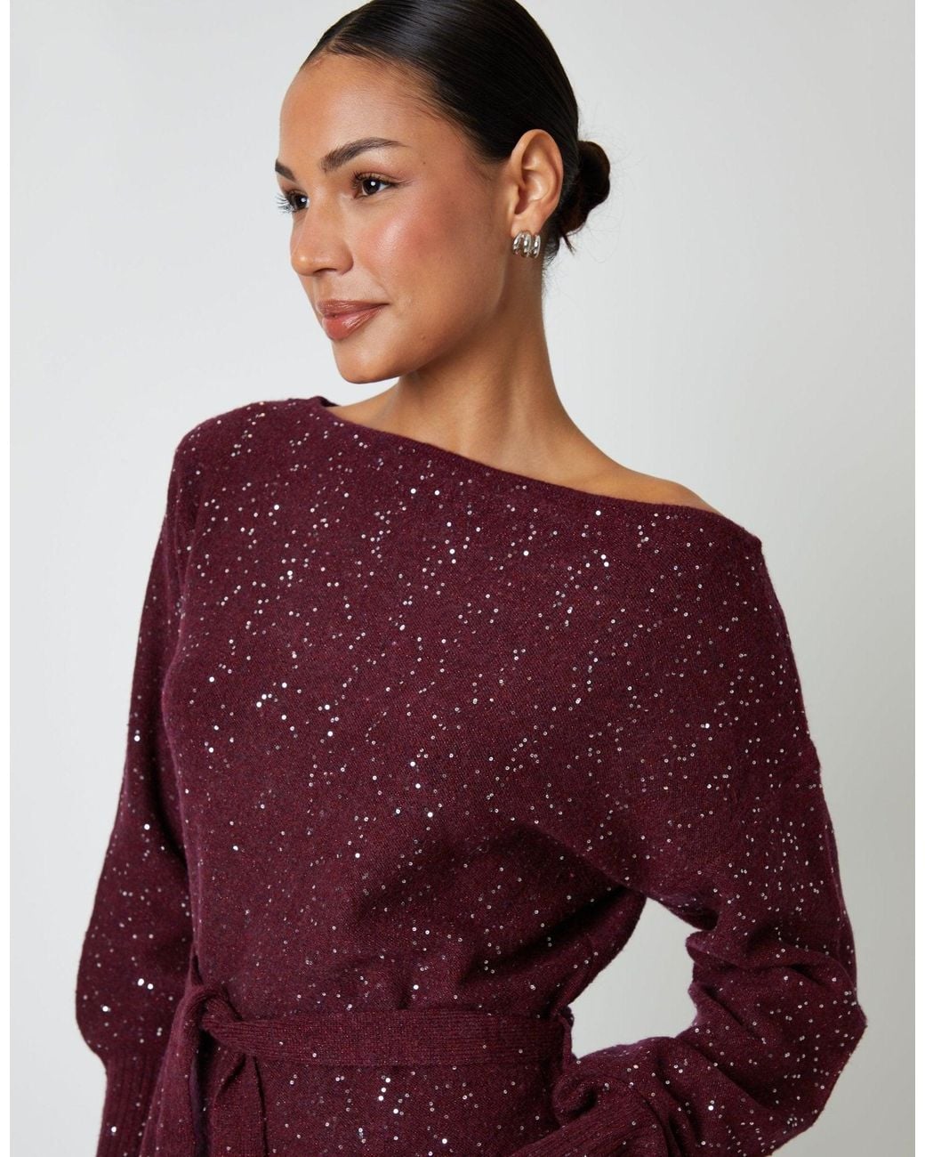 Threadbare Purple Knitted Sequin Slash Neck Mini Dress
