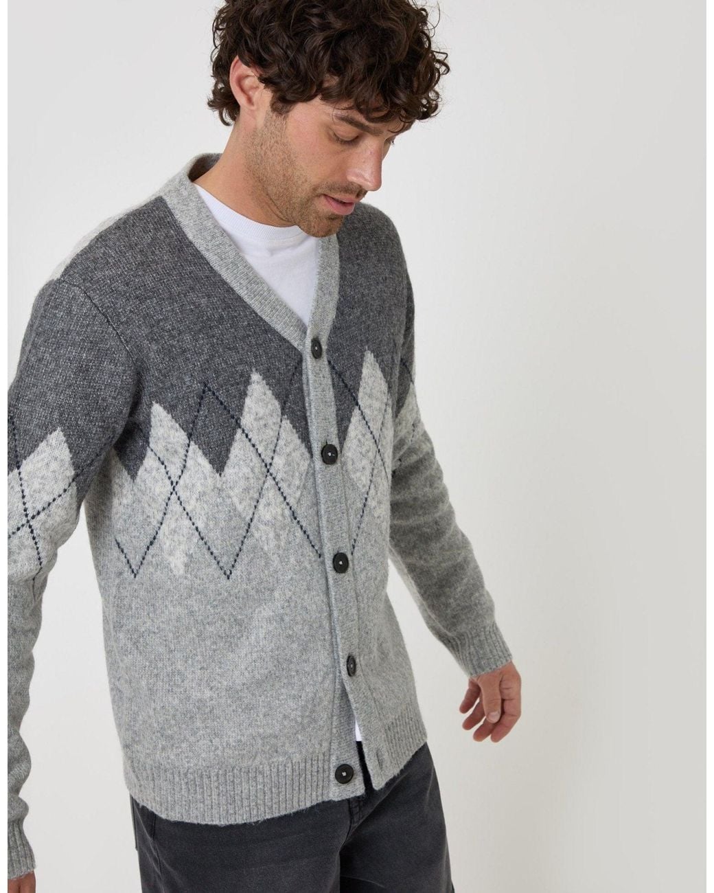 Threadbare Gray Wool Blend Argyle Button Up Cardigan for men