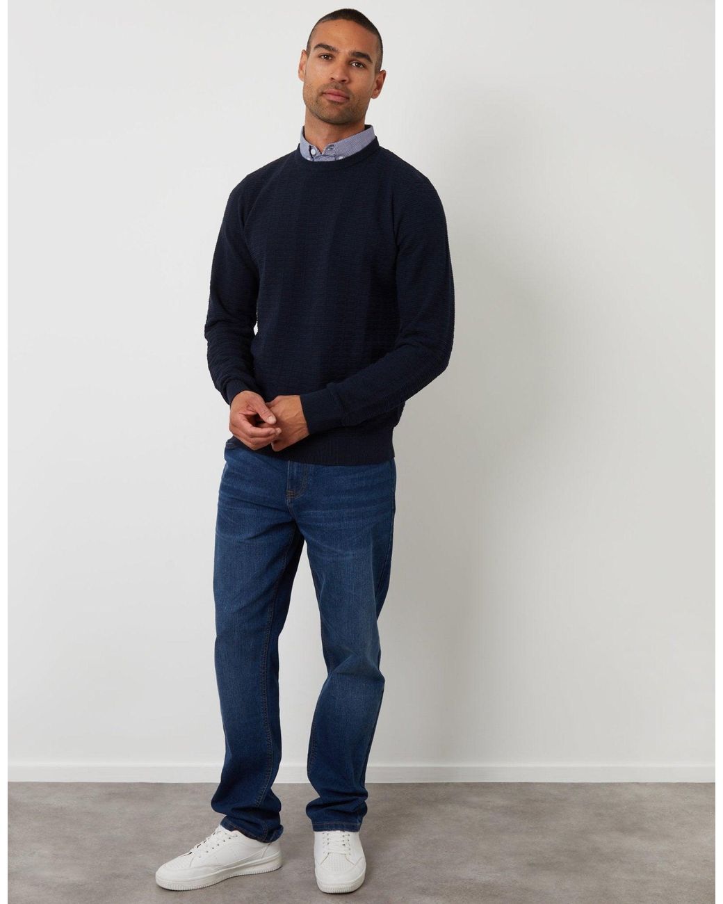 Threadbare Blue Mock Shirt Textured Knitted Jumper for men