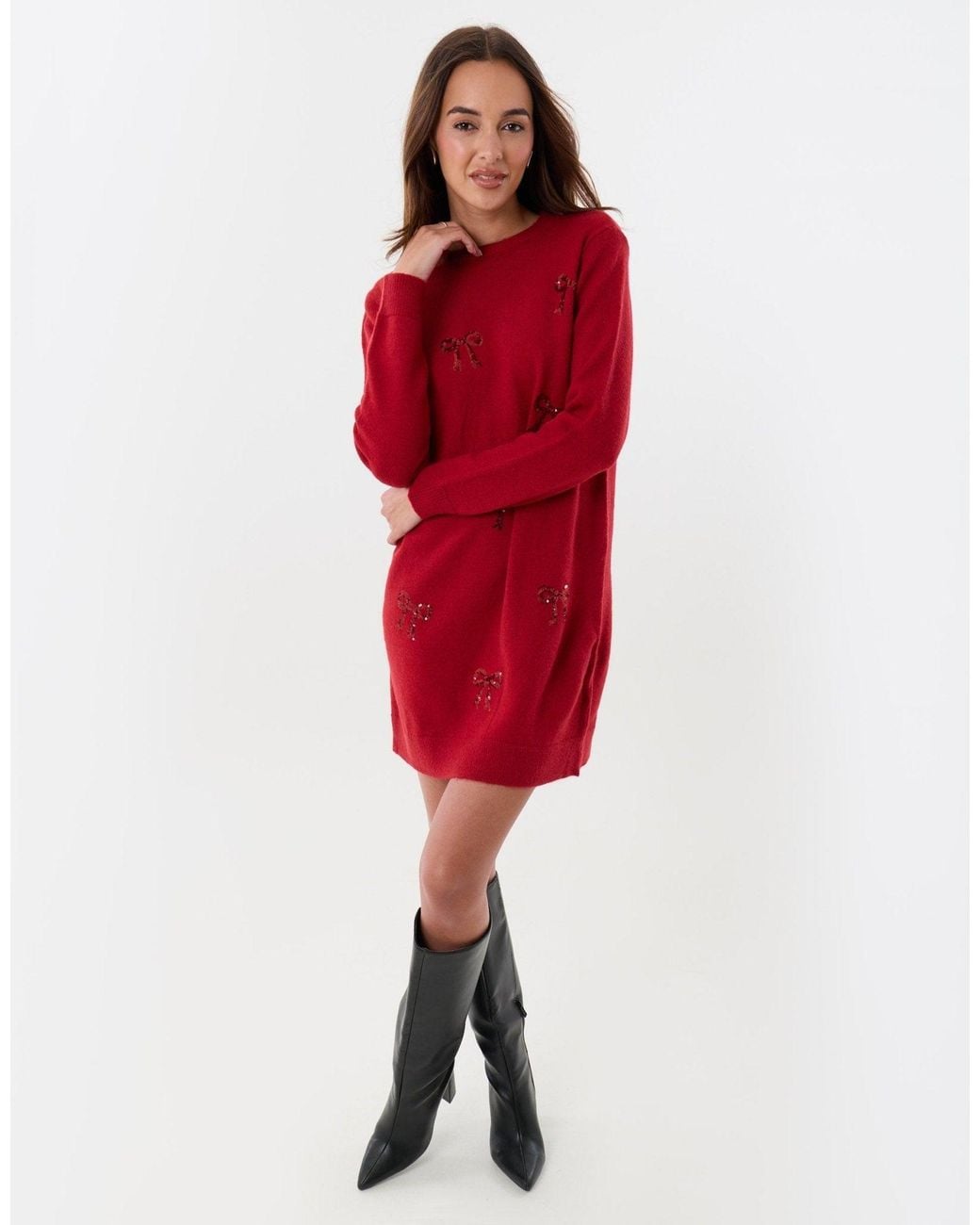 Threadbare Red Bow Embellished Knitted Mini Dress