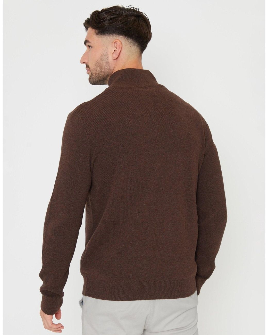 Threadbare Brown Knitted Quarter Zip Jumper for men