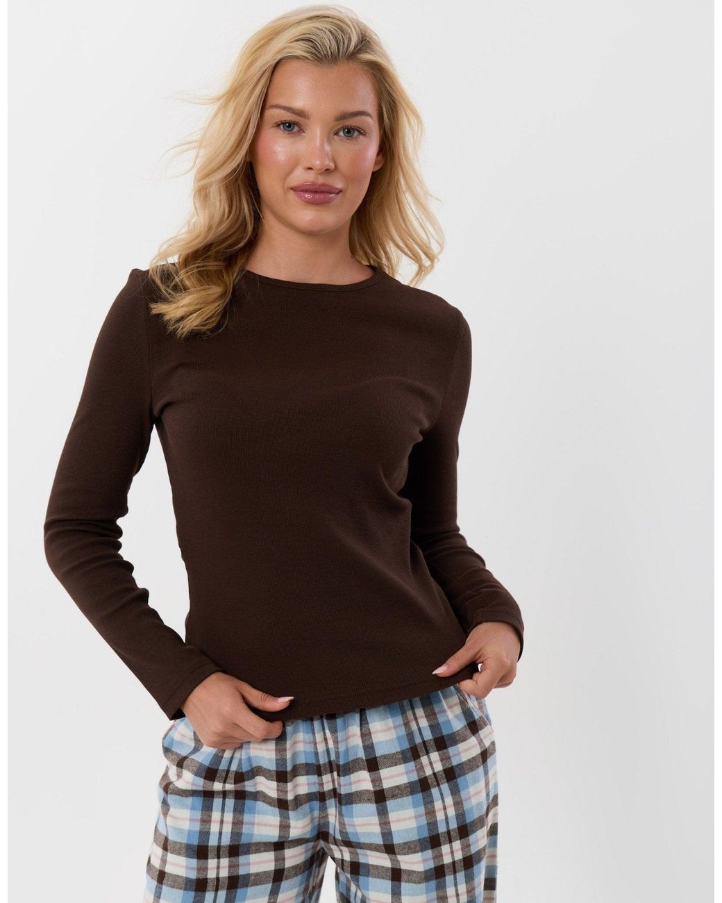 Threadbare Brown Petite Cotton Long Pyjama Set