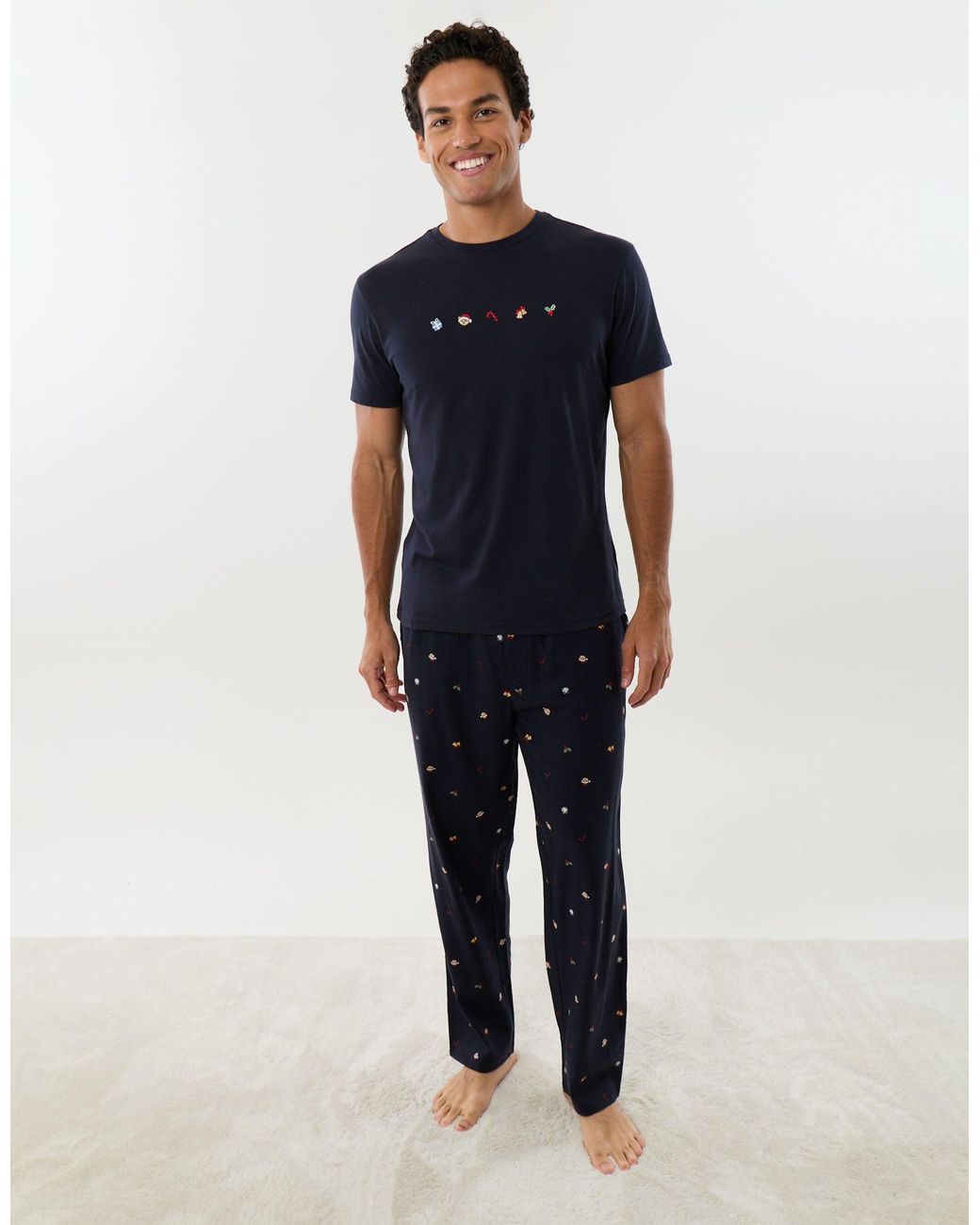Threadbare Blue Embroidered Christmas Pyjama Set for men