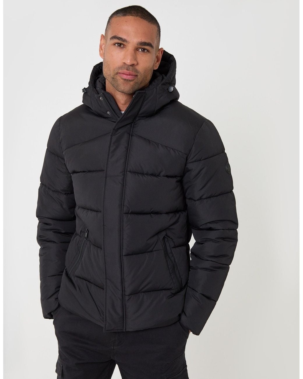 Threadbare Black The Staple Showerproof Puffer Coat for men