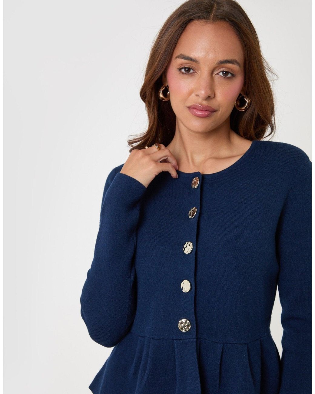 Threadbare Blue Crew Neck Peplum Cardigan
