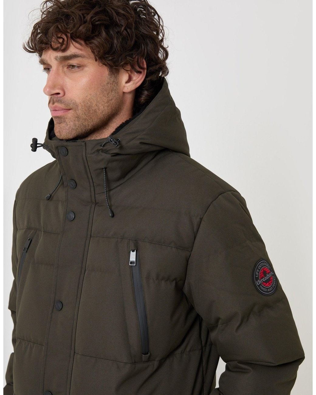 Threadbare Gray Showerproof Hooded Puffer Coat With Borg Lined Hood for men