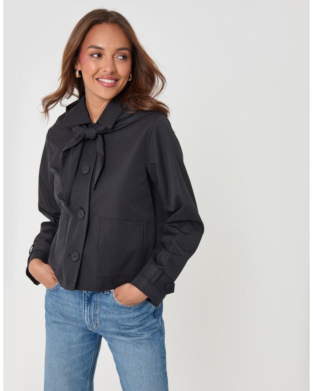 Threadbare Blue Scarf Detail Cropped Trench Coat