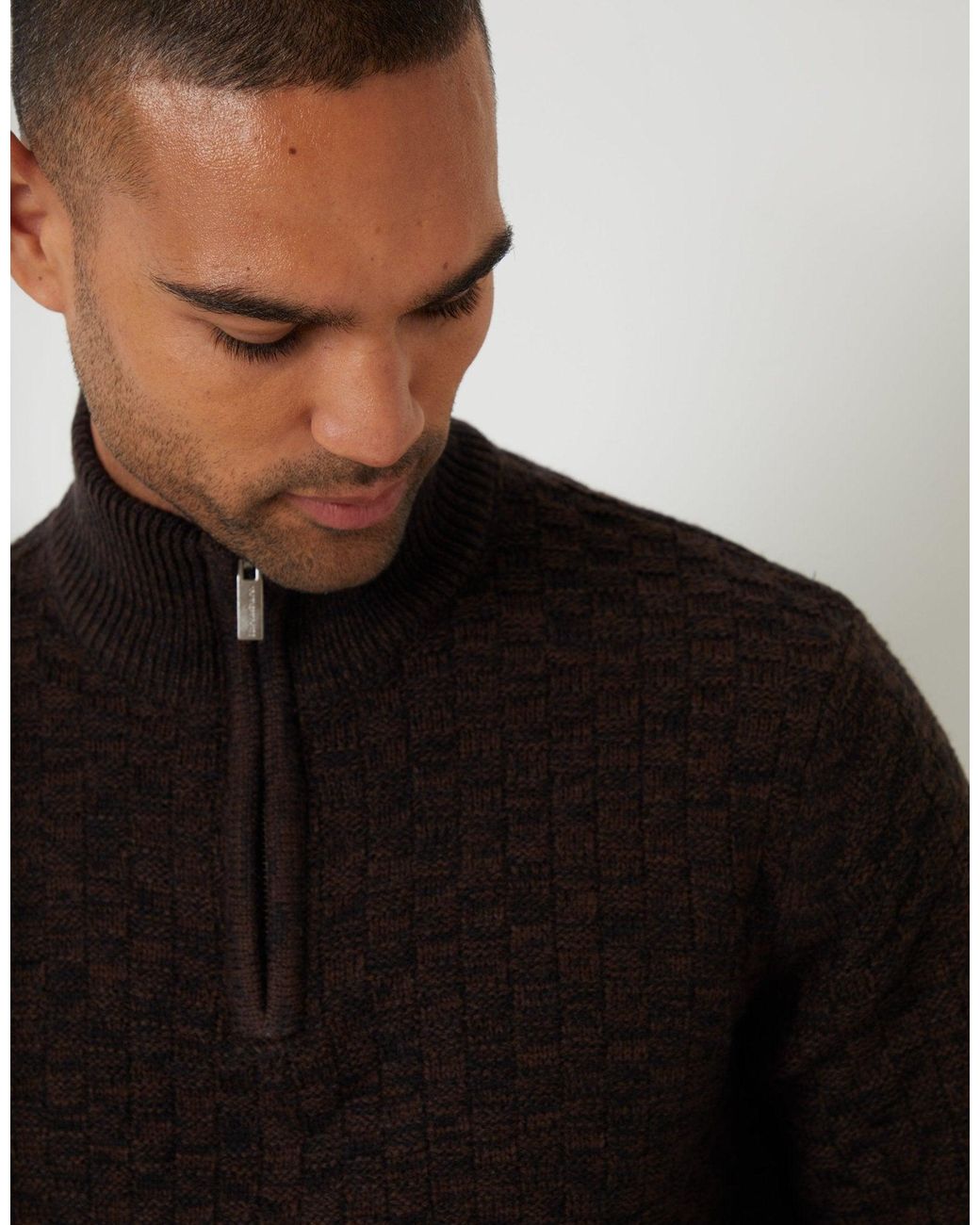 Threadbare Black Basket Stitch Quarter Zip Jumper for men