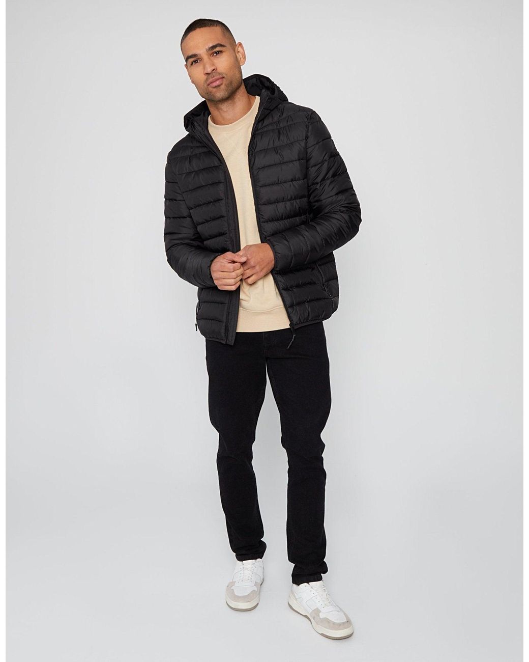 Threadbare Black Matte Finish Padded Hooded Jacket for men