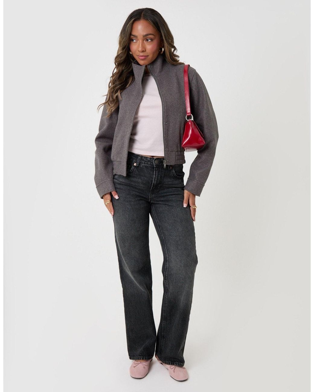 Threadbare Gray Faux Wool Funnel Neck Bomber Jacket