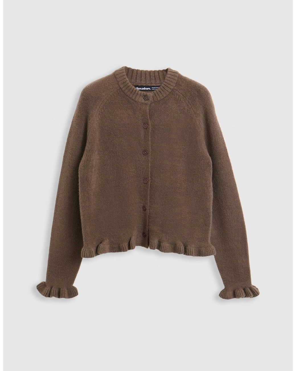 Threadbare Brown Crew Neck Ruffle Cardigan