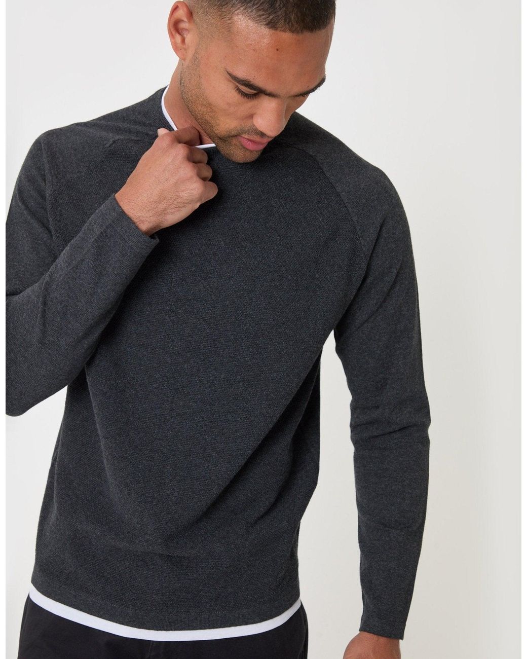 Threadbare Blue Mock Tee Textured Knit Crew Neck Jumper for men