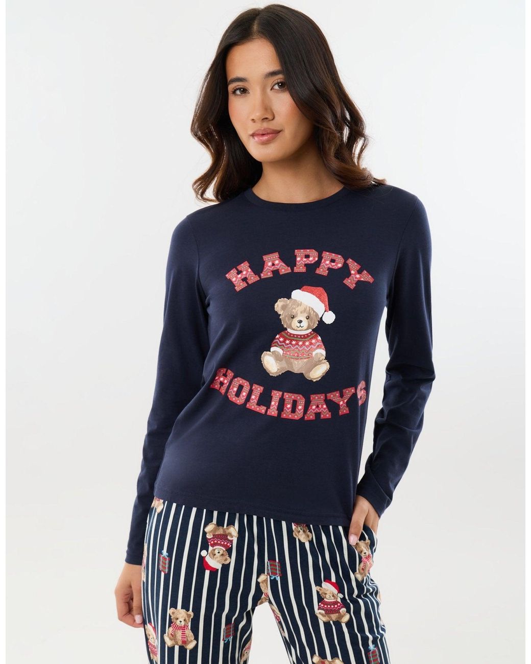 Threadbare Blue Cotton Teddy Bear Print Christmas Pyjama Set