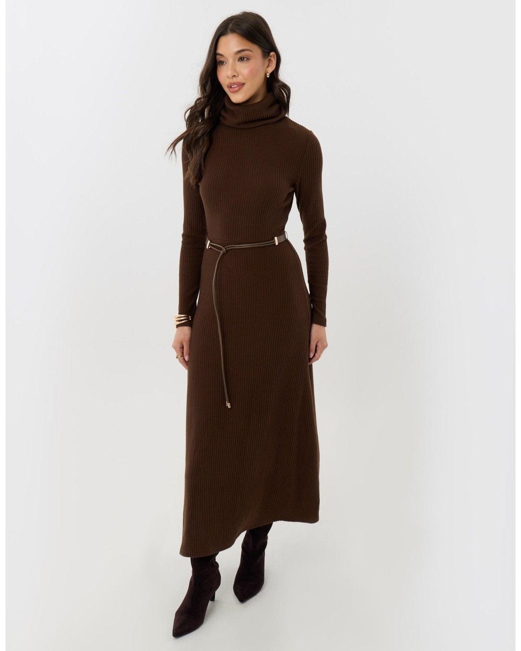 Threadbare Brown Ribbed Roll Neck Maxi Dress With Belt