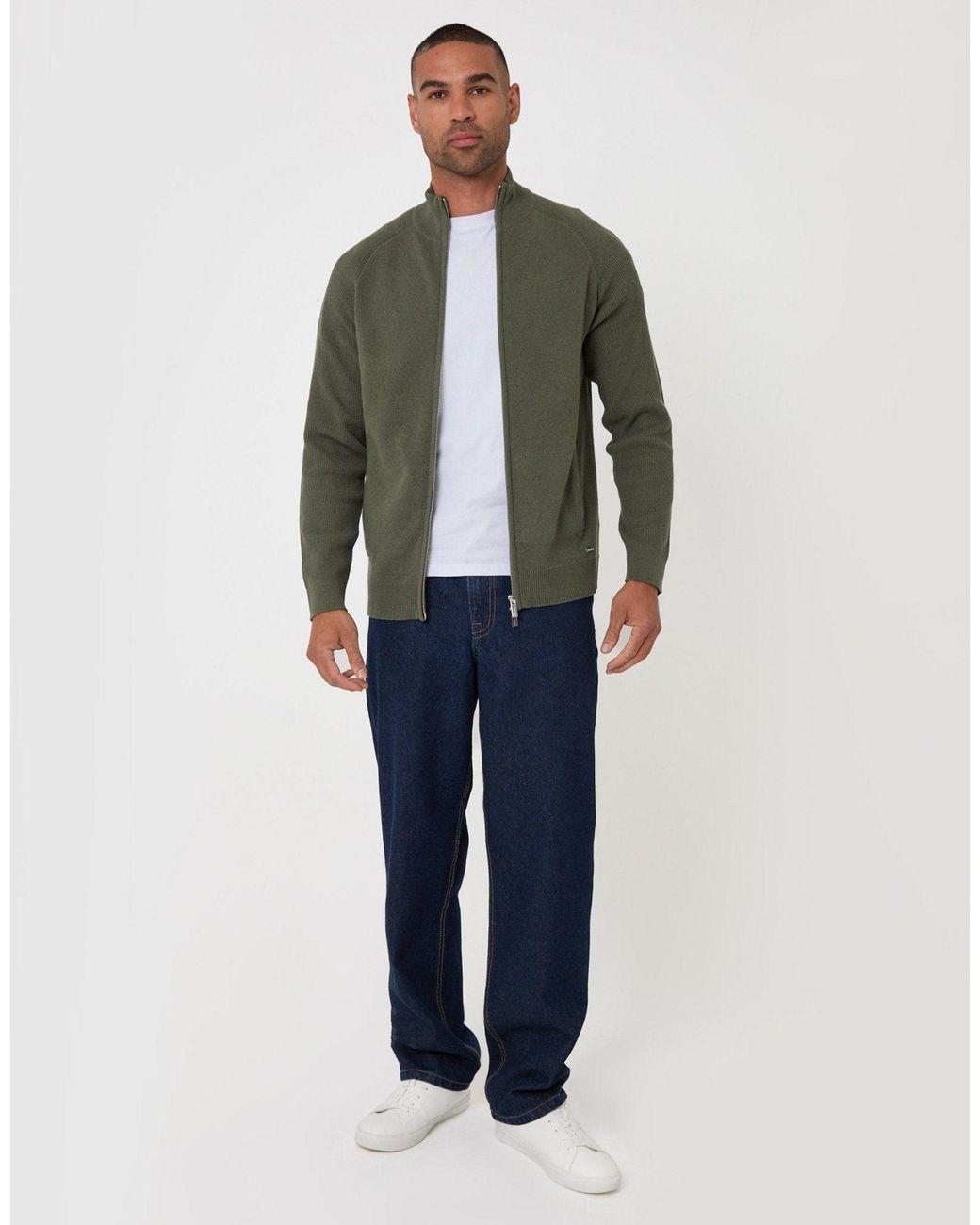 Threadbare Green Cotton Rich Funnel Neck Zip Through Sweatshirt for men
