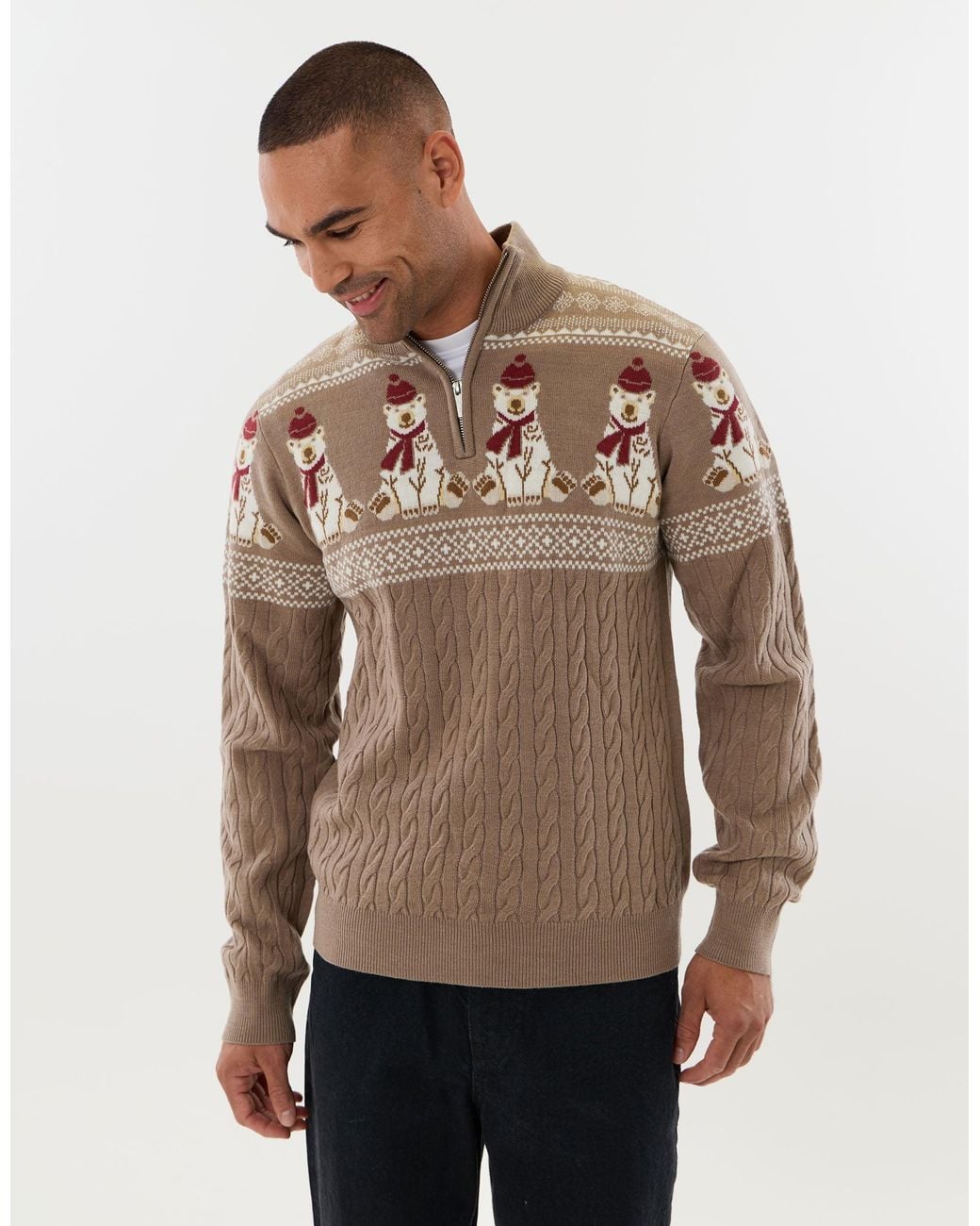 Threadbare Brown Christmas Bear Fairisle Quarter Zip Jumper for men