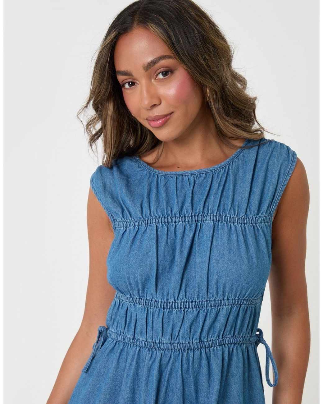 Threadbare Blue Shirred Denim Drawstring Waist Midaxi Dress