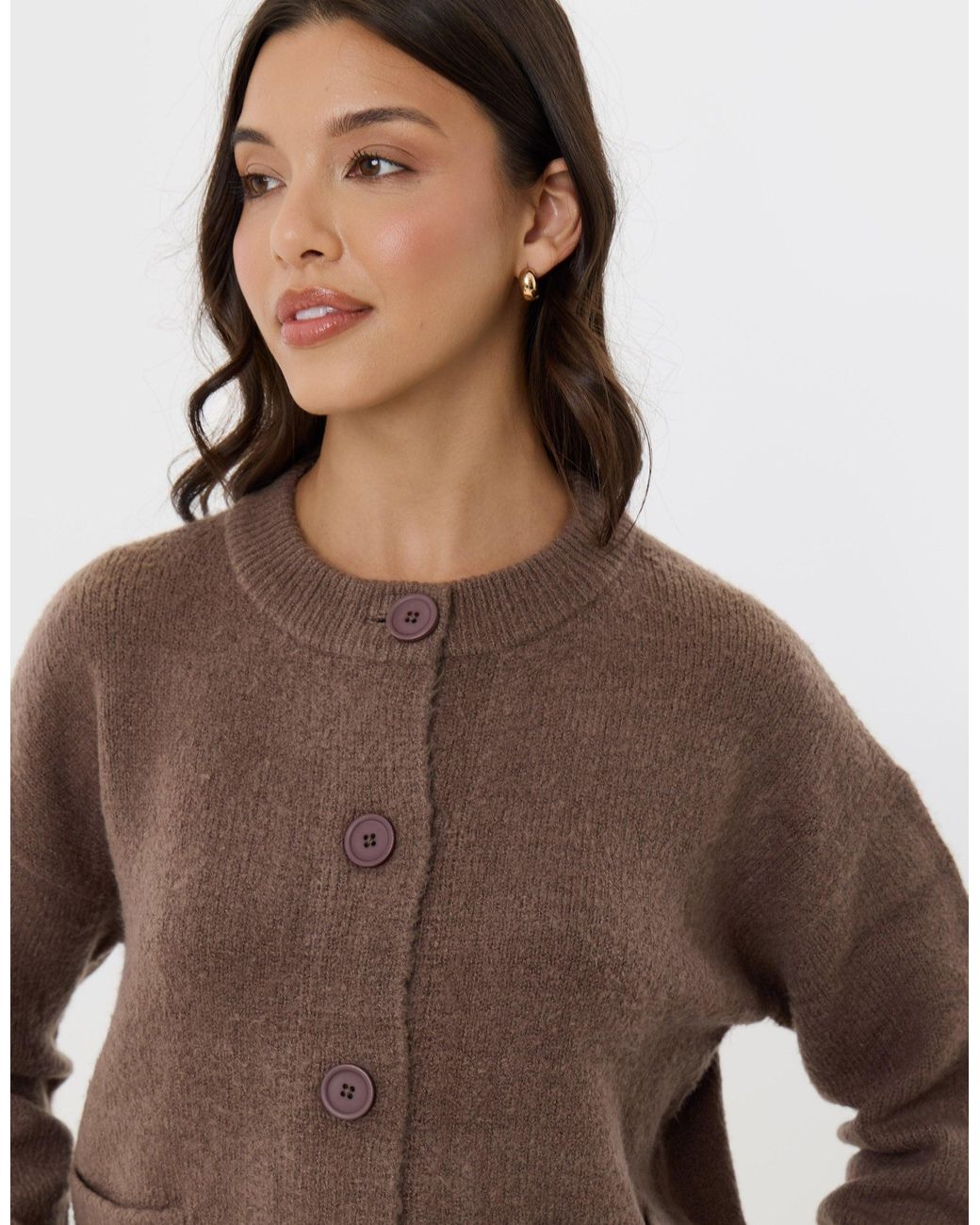 Threadbare Brown Pocket Detail Crew Neck Cardigan