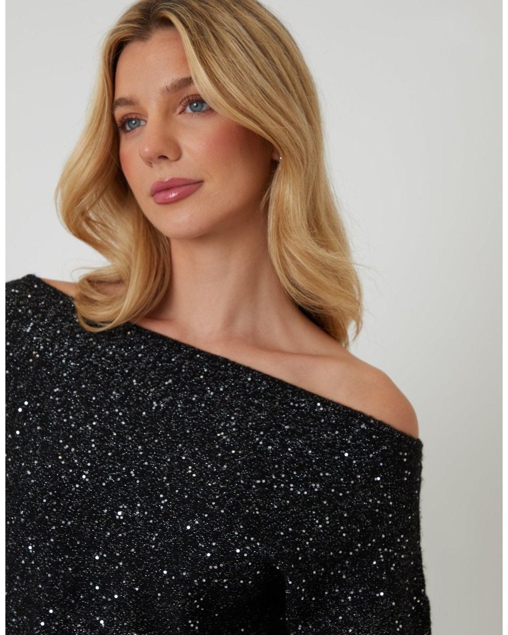 Threadbare Black Knitted Sequin Slash Neck Mini Dress