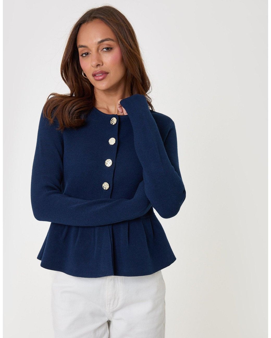 Threadbare Blue Crew Neck Peplum Cardigan