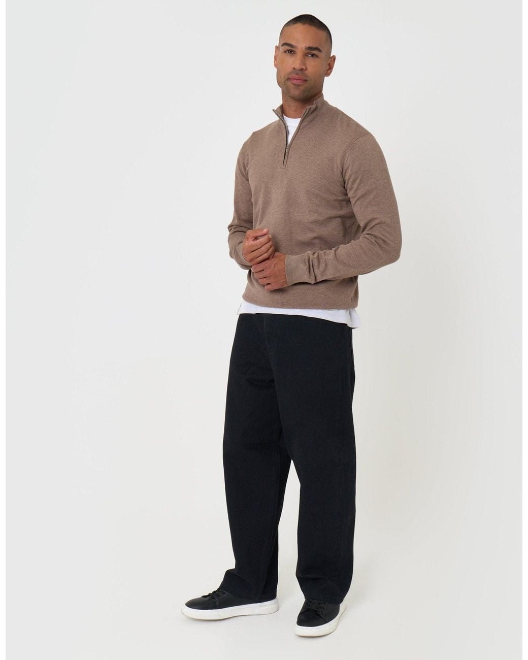 Threadbare Brown Funnel Neck Quarter Zip Knitted Jumper for men