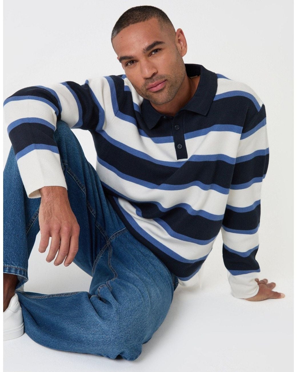 Threadbare Blue Relaxed Fit Knitted Rugby Polo for men