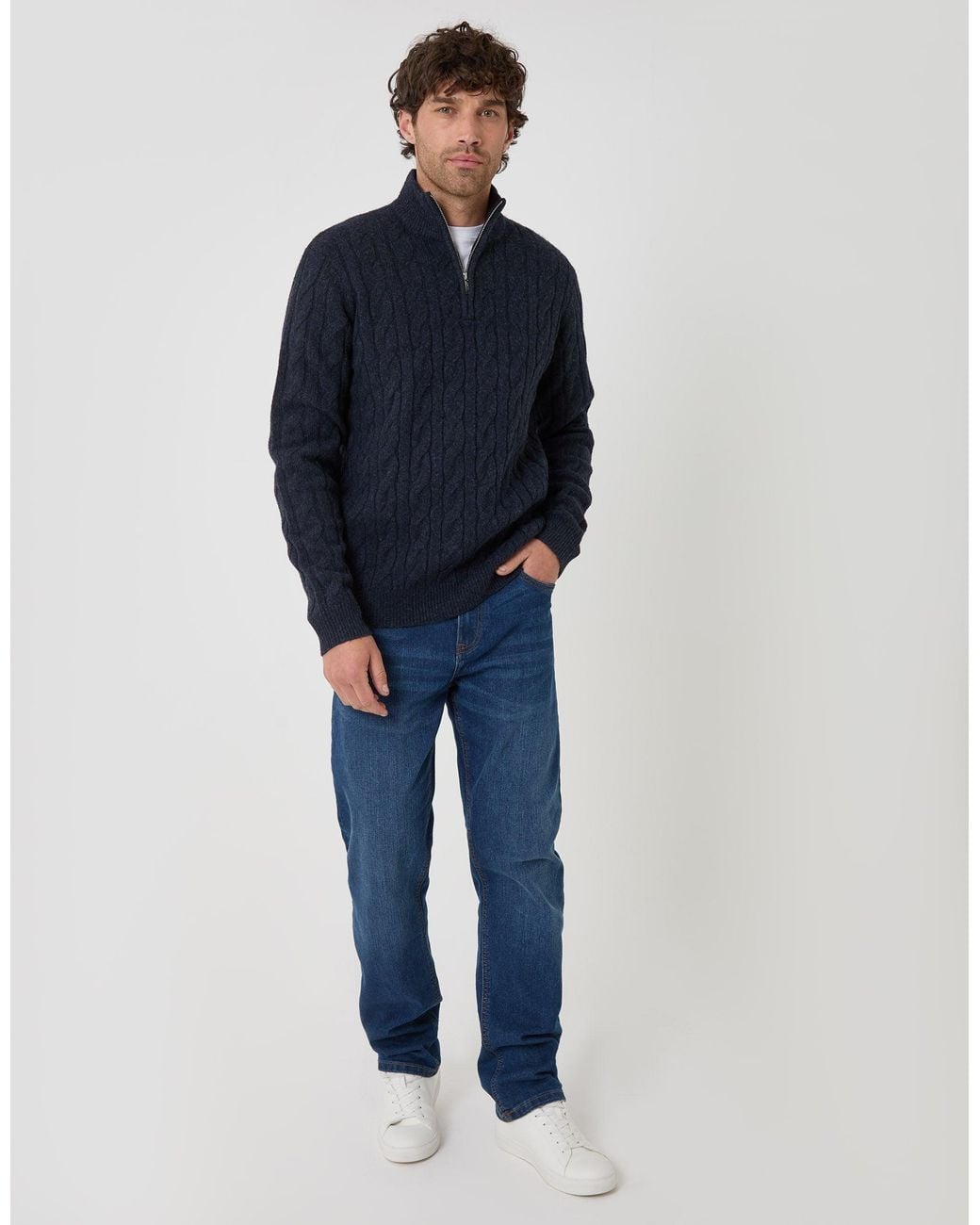 Threadbare Blue Cable Knit Quarter Zip Jumper for men