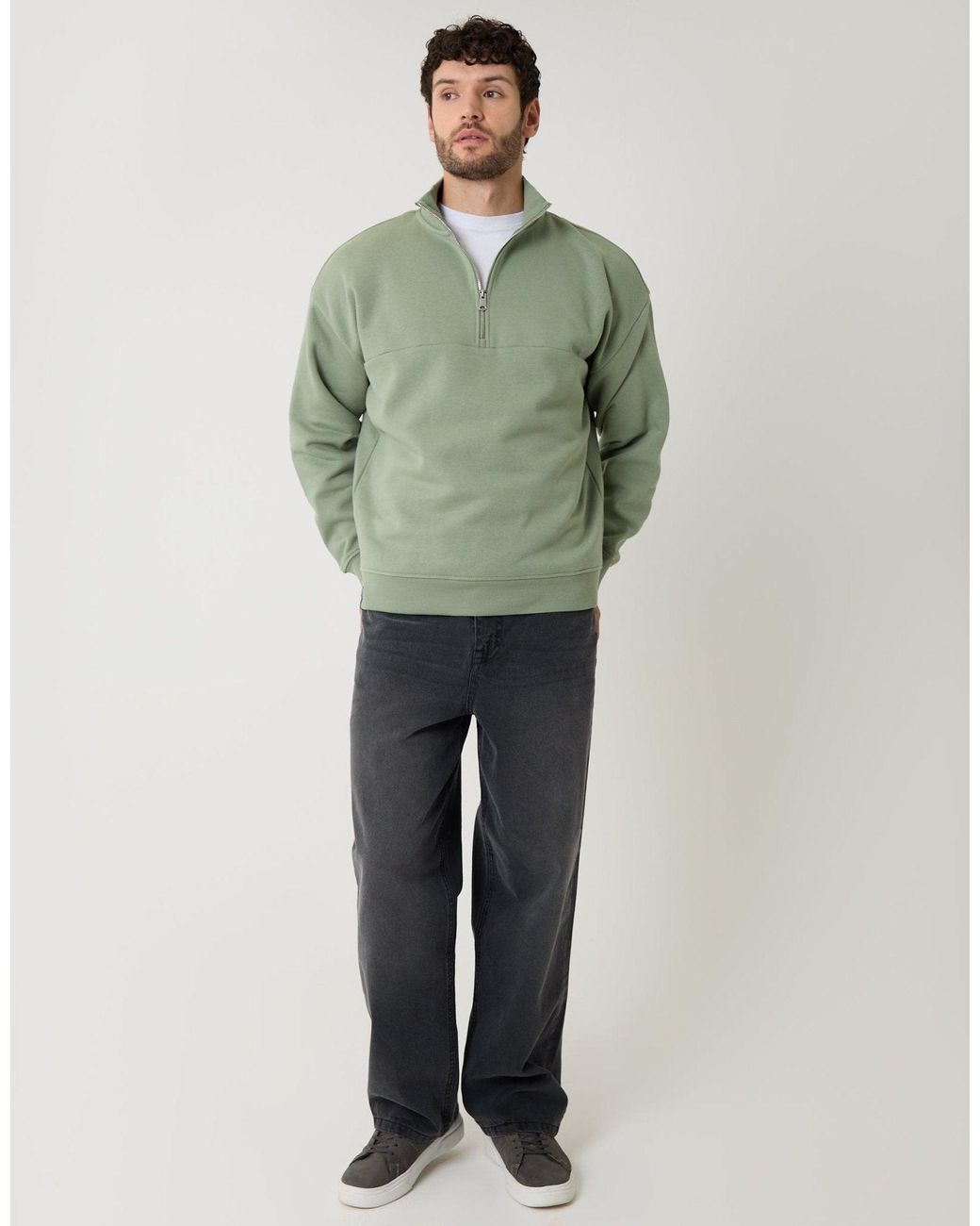 Threadbare Green Relaxed Fit Half Zip Sweatshirt for men
